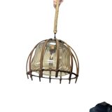 Vintage rattan pendant lamp with glass shade and cord accent