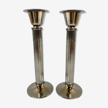 Pair of metal column-style candlesticks 17cm