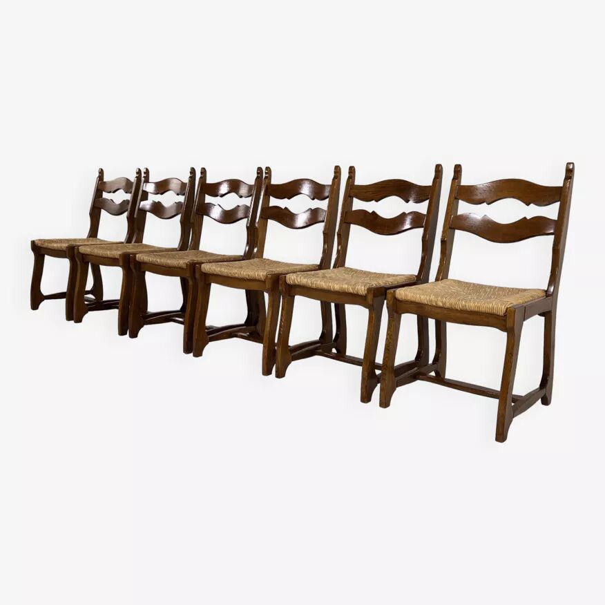 Set of 6 1950s chairs in wood and straw