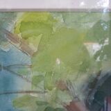 Tableau aquarelle barque dans marais signé j chabot