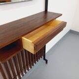 Meuble d’entrée vestiaire italien vintage avec miroir, tablettes en teck