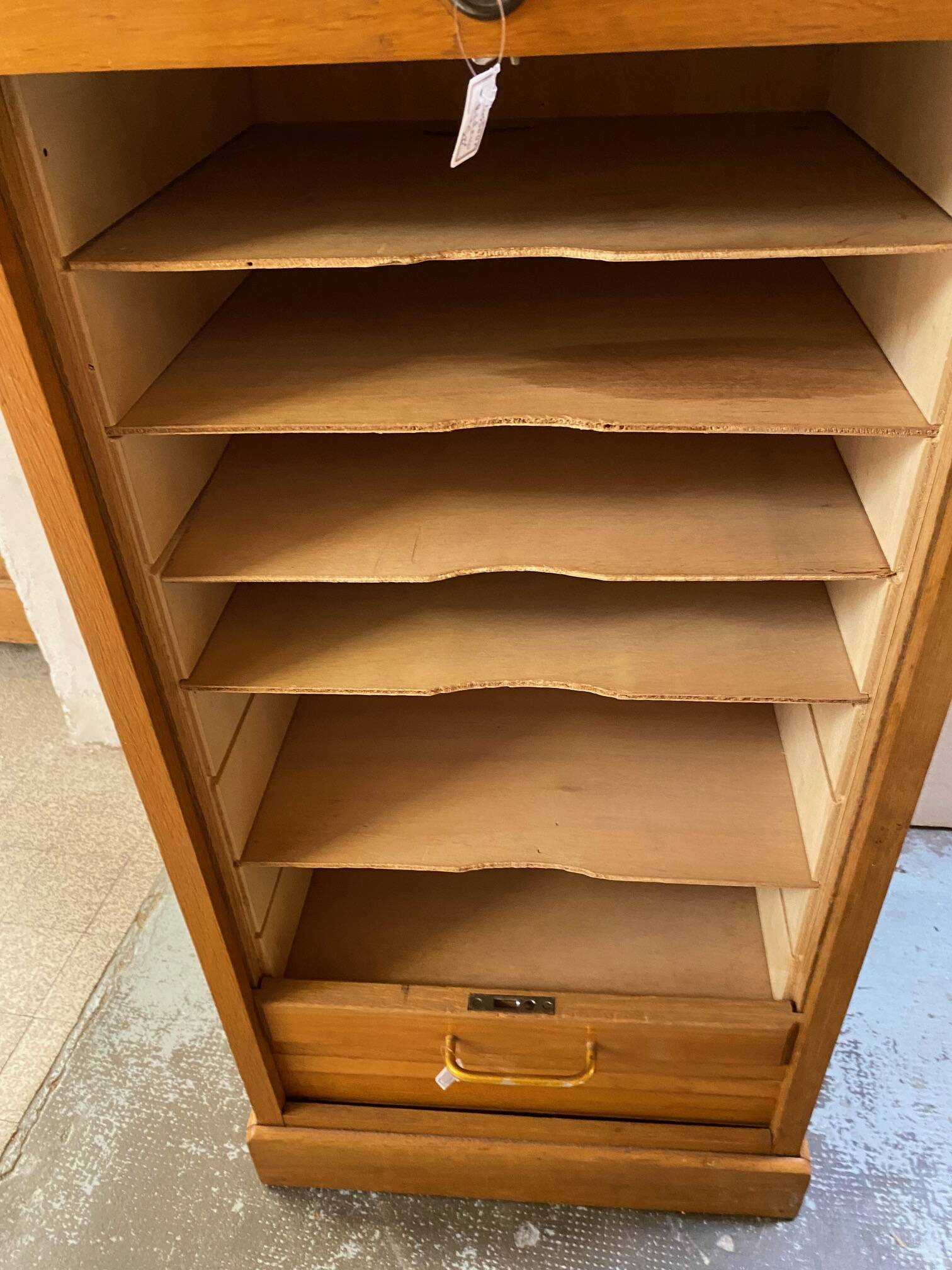 50s/60s light oak curtain filing cabinet low model with removable shelves