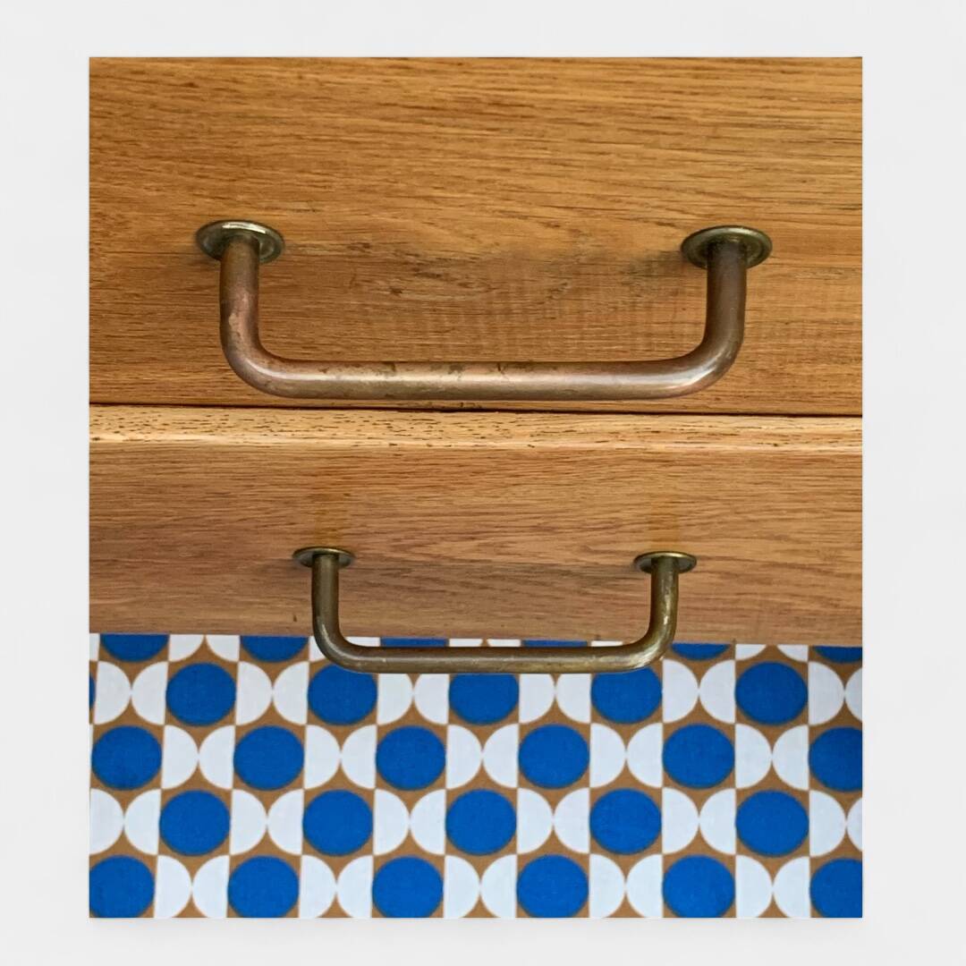 Chest of drawers with compass feet, raw wood, 1950s