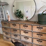 Miroir rond diamètre 90 cm monté sur panneau MDF, entourage teinté noir