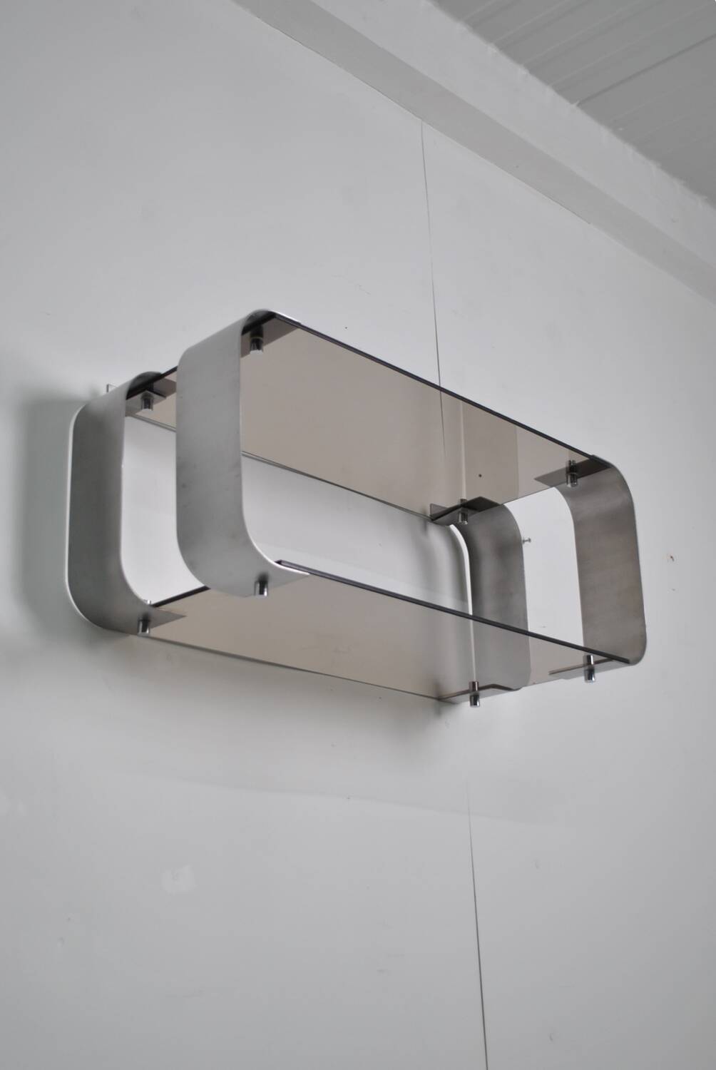 Brushed steel and smoked glass shelf, Donald Singer, 1970