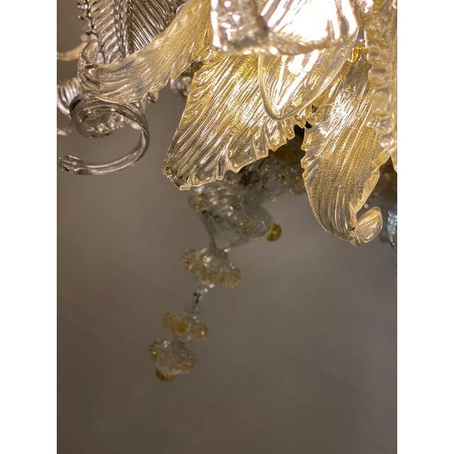 Murano Style Glass Clear and Gold Chandelier With Flowers and Leaves
