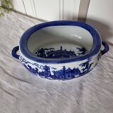 English porcelain flower pot or planter, blue Victorian landscape