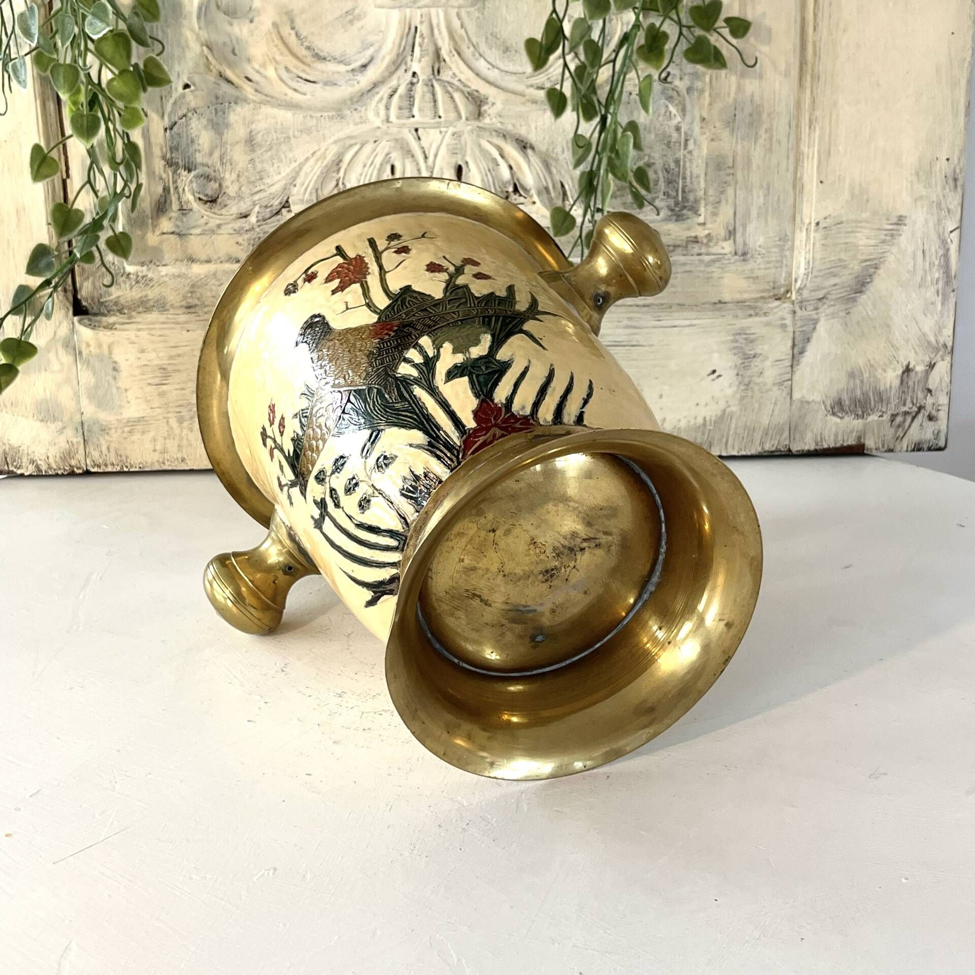 Cloisonne Ice Bucket, Vintage French Peach Enamel Pheasant Floral Desi