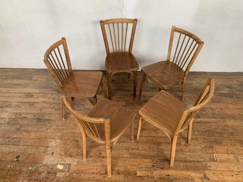 Series of 5 old baumann bistro chairs in curved wood
