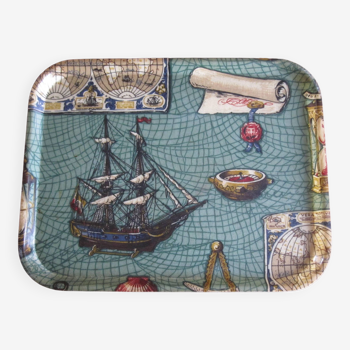 Old serving tray, boat at sea, 1960