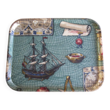 Old serving tray, boat at sea, 1960