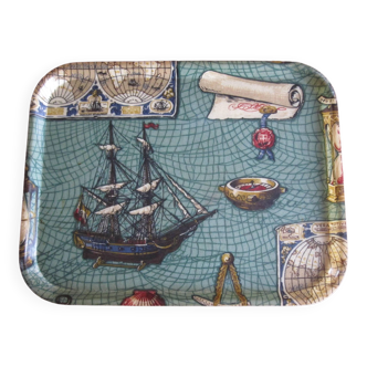 Old serving tray, boat at sea, 1960