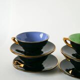Set of 6 black and colored earthenware cups and saucers, 1950