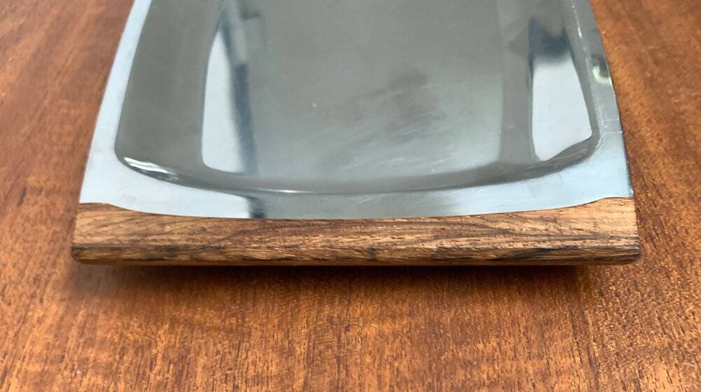 Danish stainless steel and teak plateau from the mid-century of Lundtofte, Denmark, 1960s.