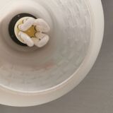 Lamp in white glass with teak top. It is Danish and estimated from the 1970s-1980s.