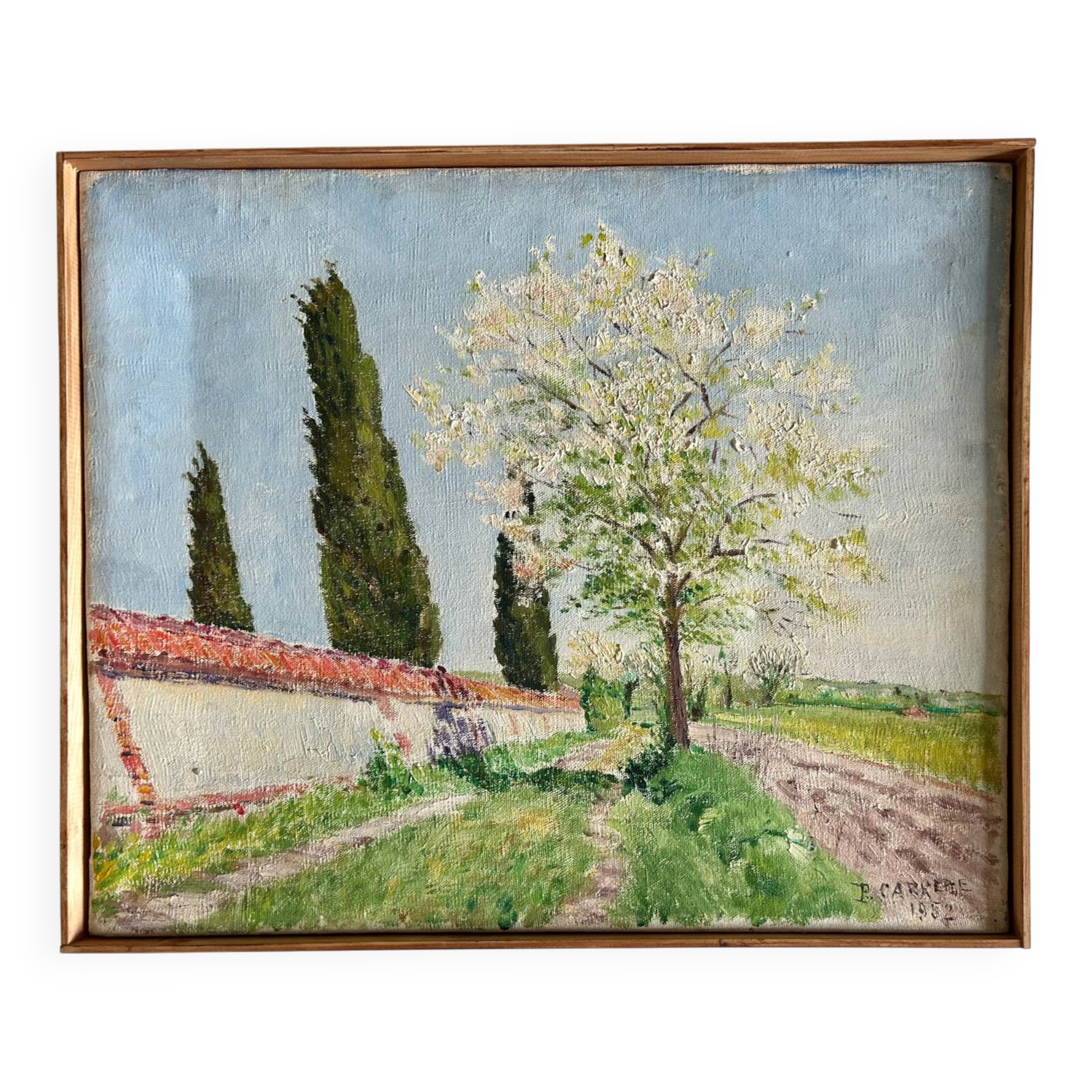 Oil on canvas "Chemin du Vexin" by P. Carrere. 1952