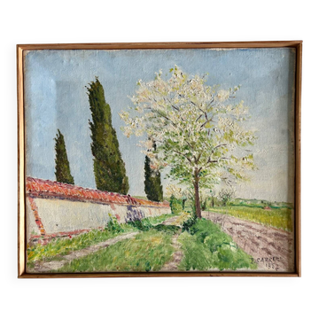 Huile sur toile "Chemin de Vexin" par P. Carrere. 1952