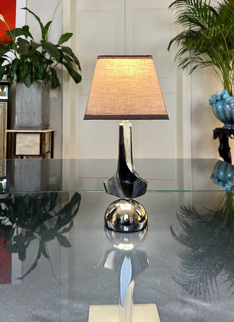 Modernist Art Deco Table Lamp in Chromed Metal - Textile Lampshade