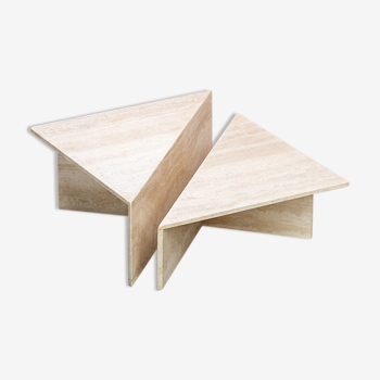 Triangular postmodern travertine coffee table