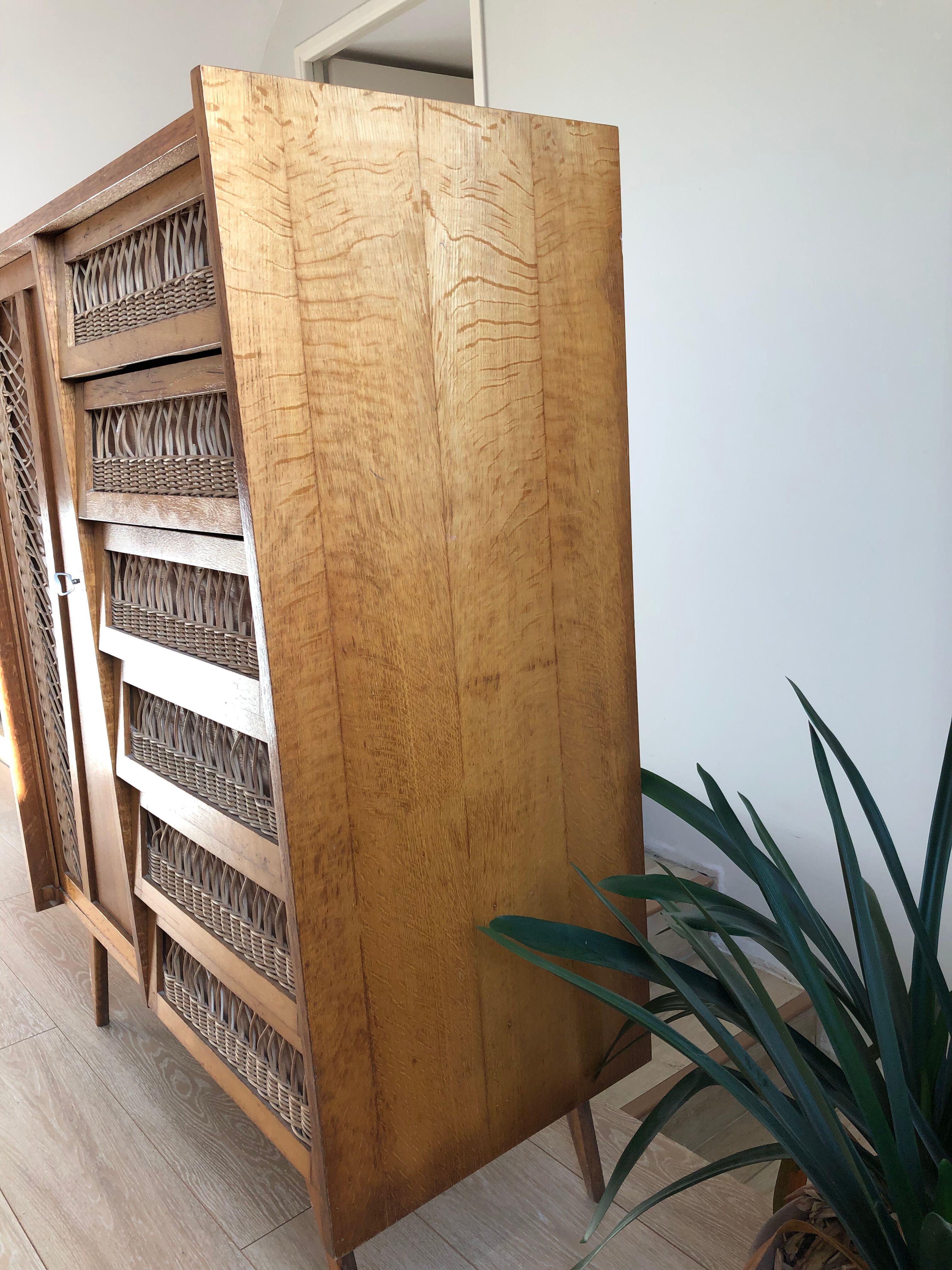 Wood and rattan chest of drawers