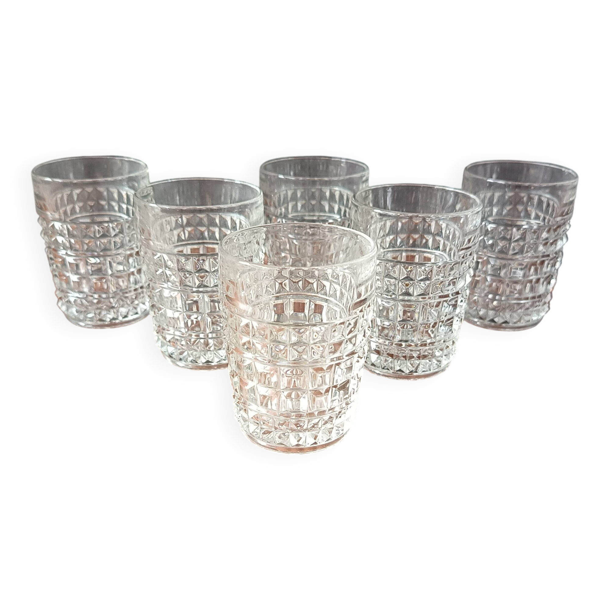 6 small vintage textured clear glasses
