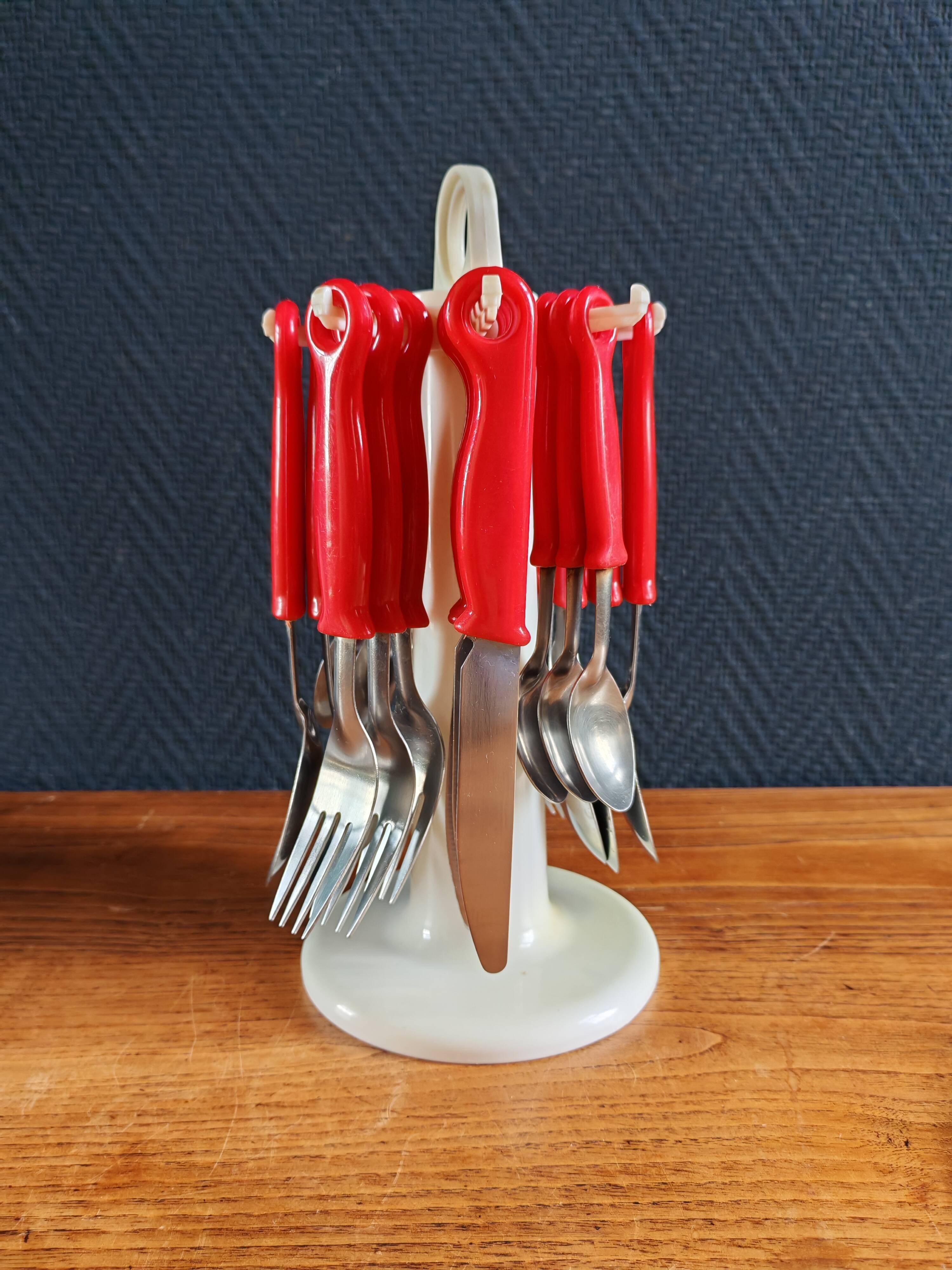Vintage Pop Art Cutlery Set 1970s - 24 Pieces with Red Handles
