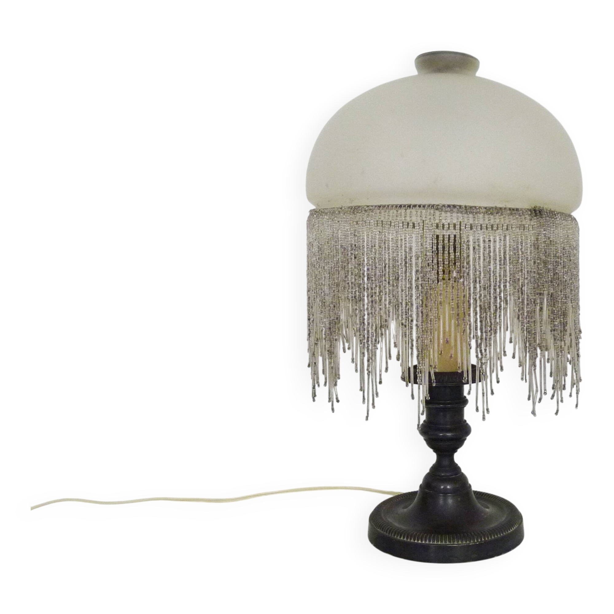Table lamp, bedside lamp, silver metal base, globe and beads