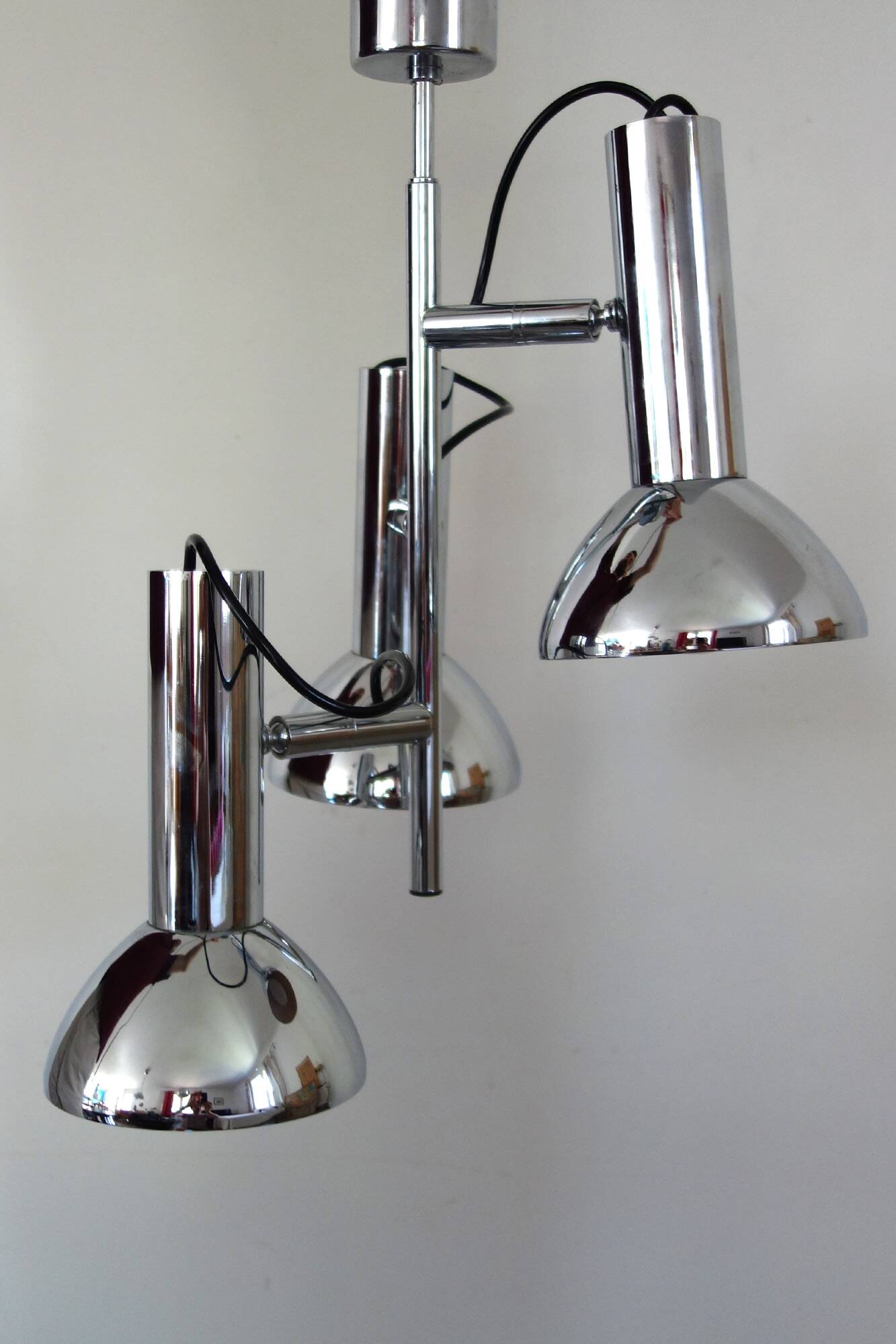 Chrome metal 3-spot chandelier from the 1970s.