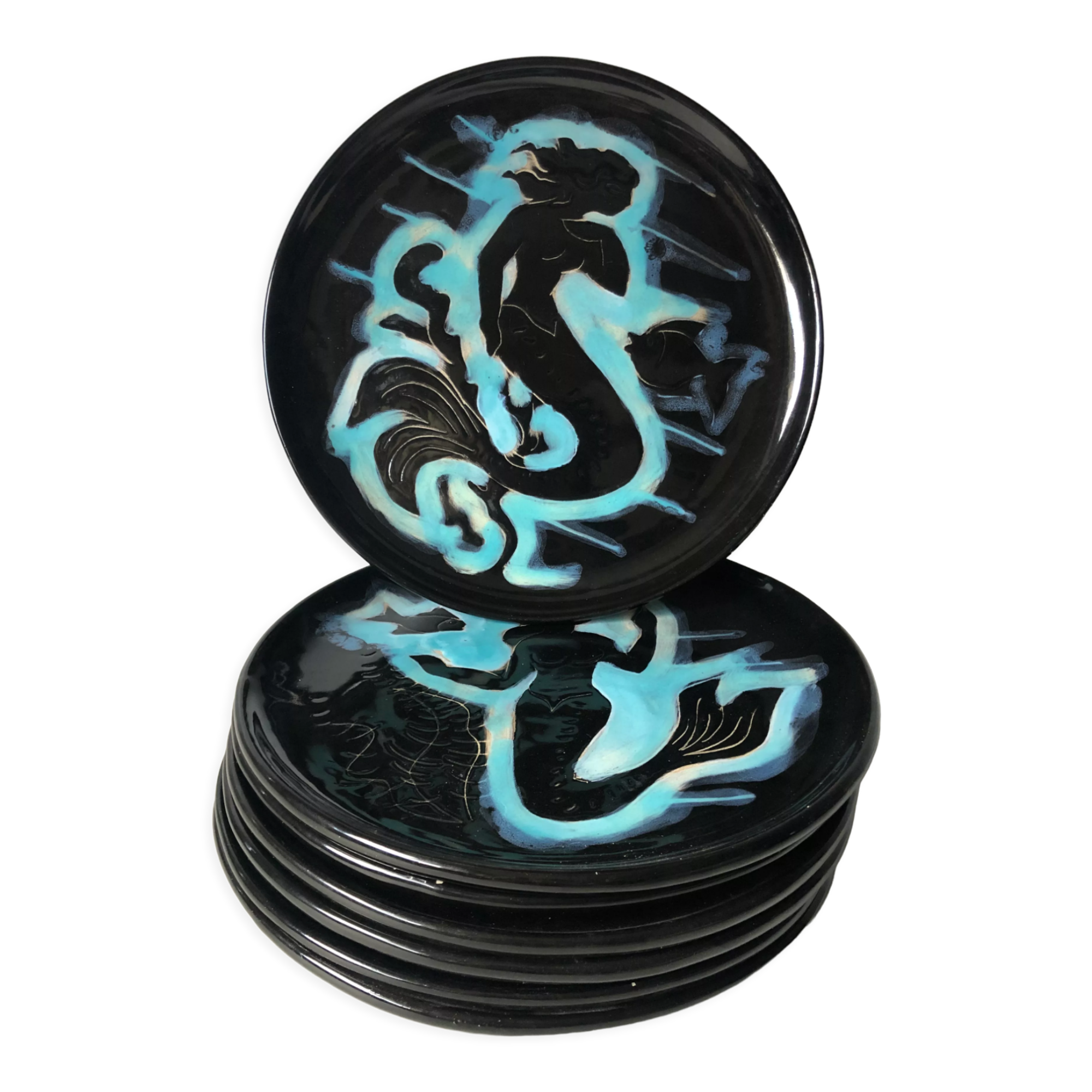 Set of six plates Vallauris the mermaids