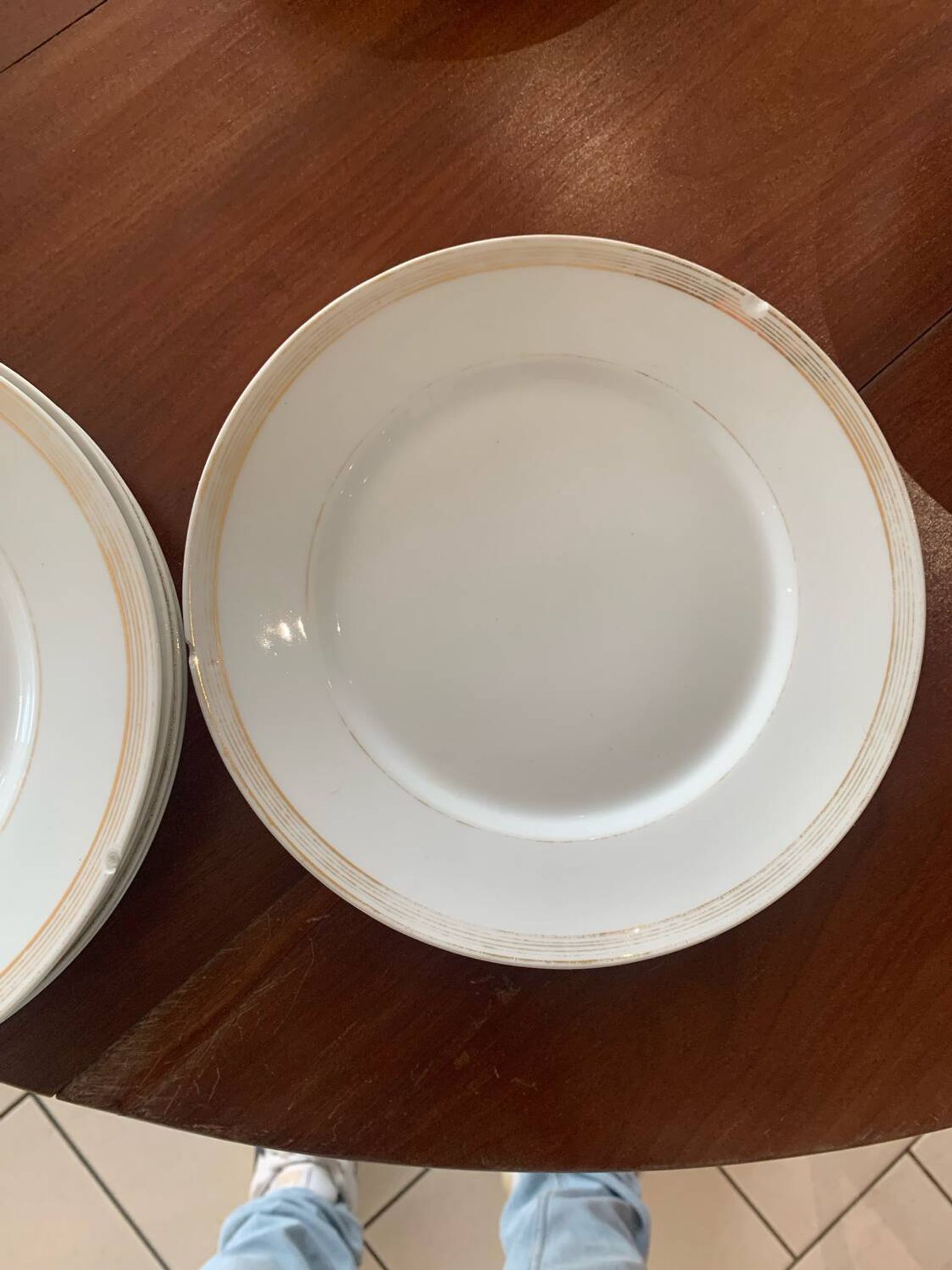 Lot of six flat plates, crockery, old white, gilded