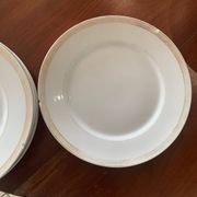 Lot of six flat plates, crockery, old white, gilded