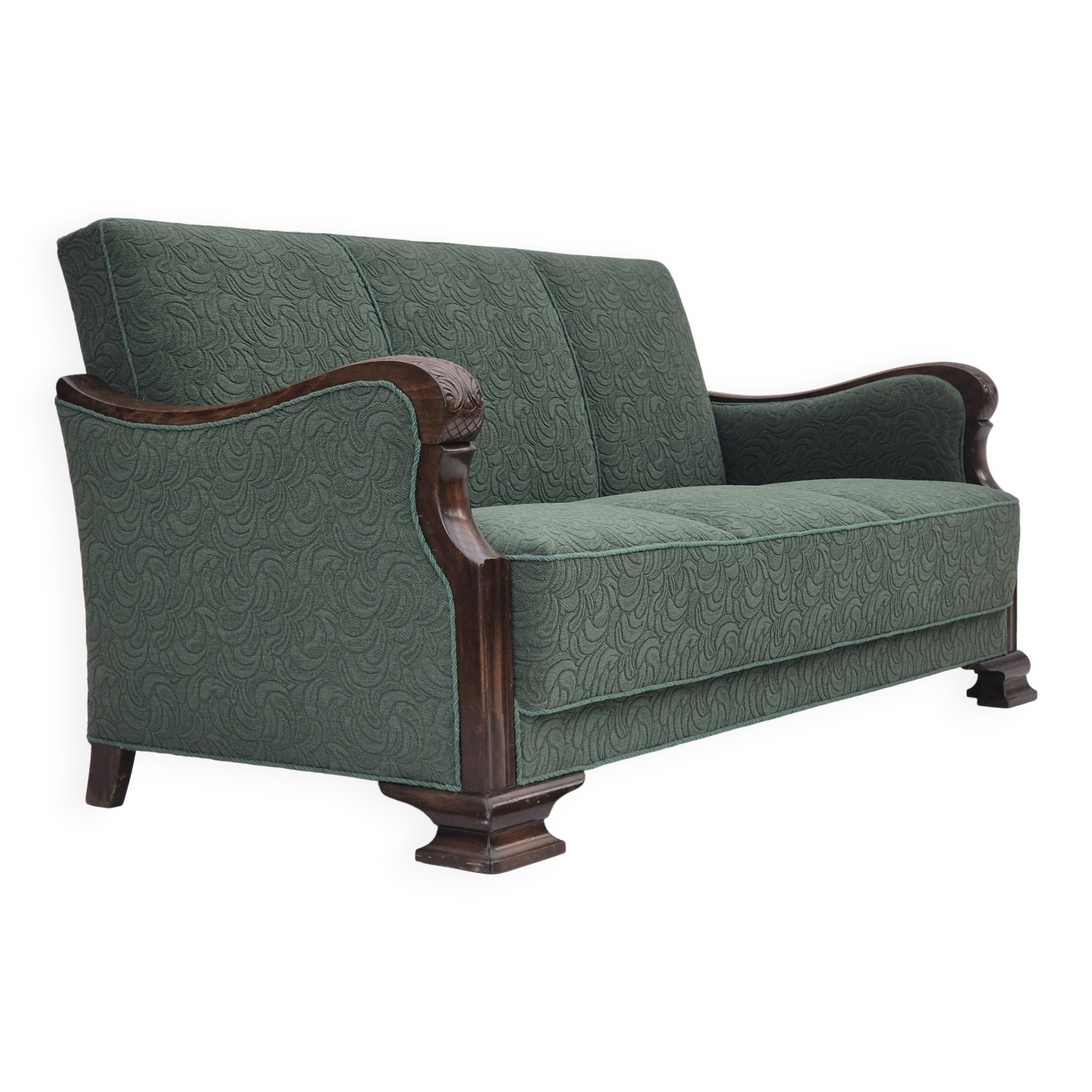 1950s, 3-seater sofa, green furniture blend wool, beech wood.