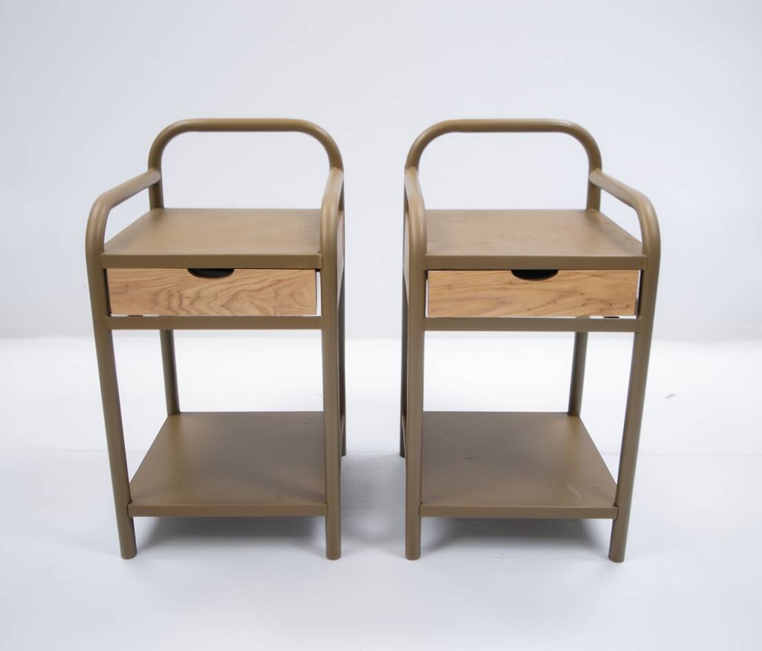 Vintage bedside tables in metal and brown beige wood.
