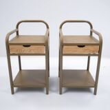 Vintage bedside tables in metal and brown beige wood.