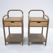 Vintage bedside tables in metal and brown beige wood.