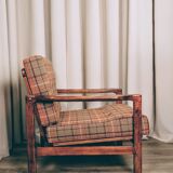 Scandinavian armchair in natural wool, orange, checked, 1965, Z. Baczyk