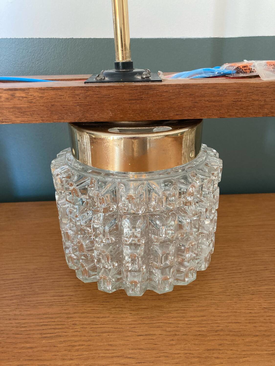 Vintage teak, brass and glass chandelier