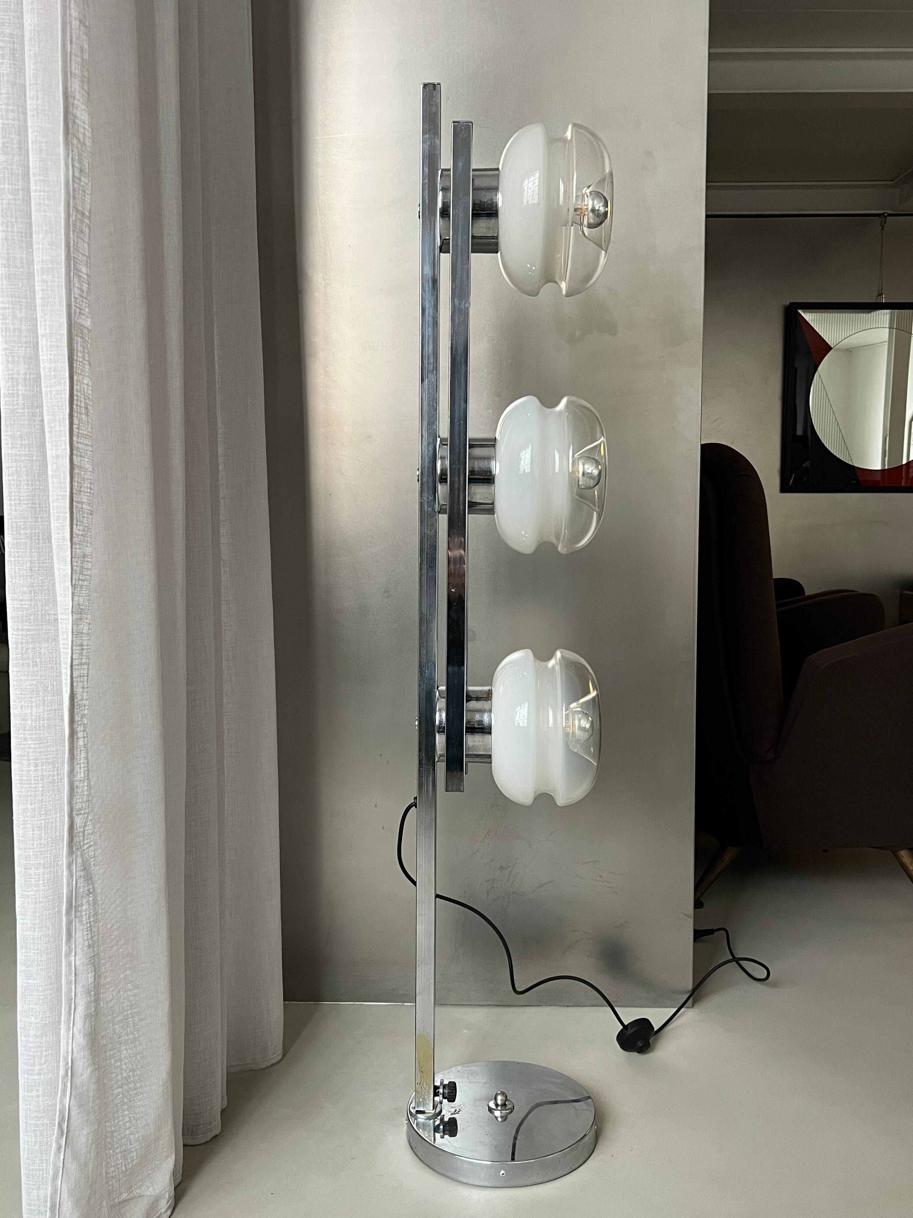 Vintage Italian Floor Lamp in Chromed Metal and Glass with Three Faded Shades