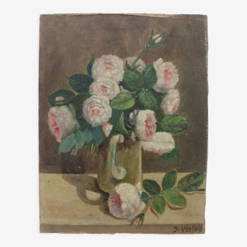 Peinture ancienne huile sur carton bouquet de roses signé