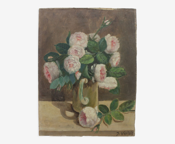 Peinture ancienne huile sur carton bouquet de roses signé