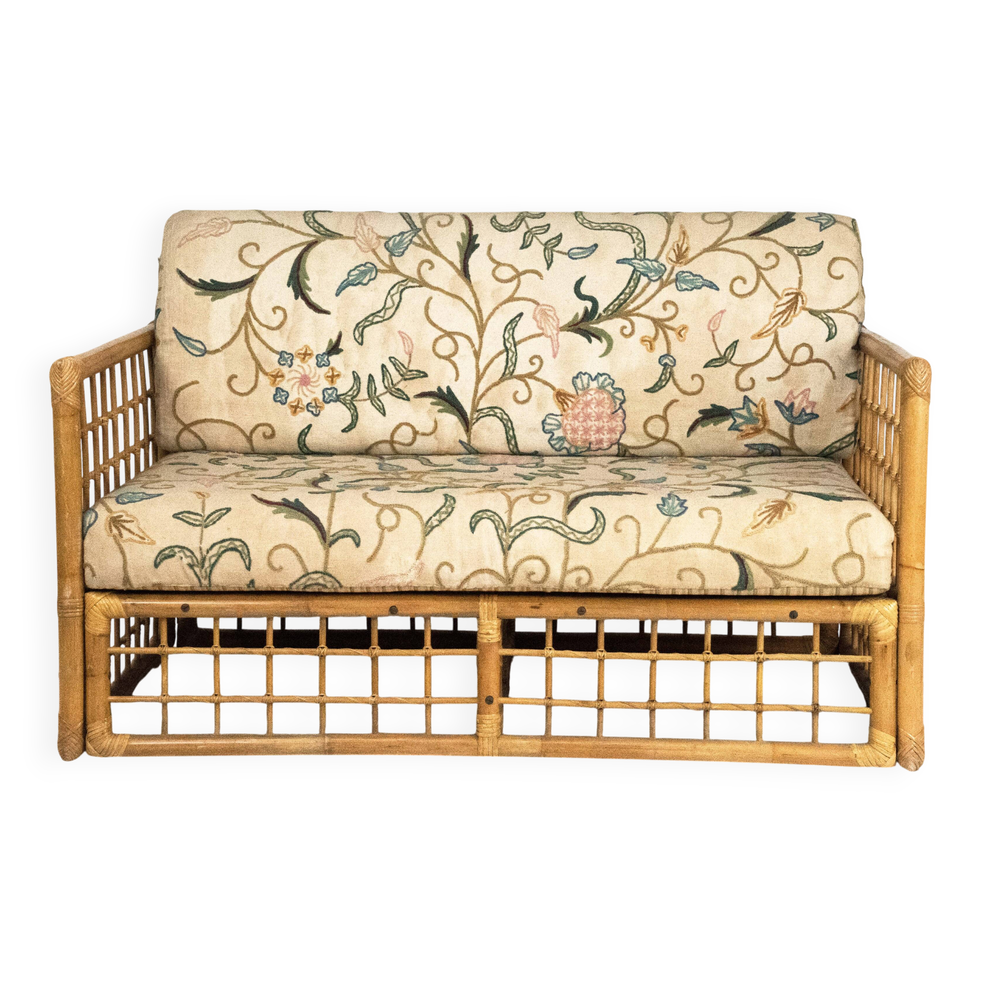 Canapé deux places style tropical chic des années 1960, par Vivai del Sud, en rotin et bambou.