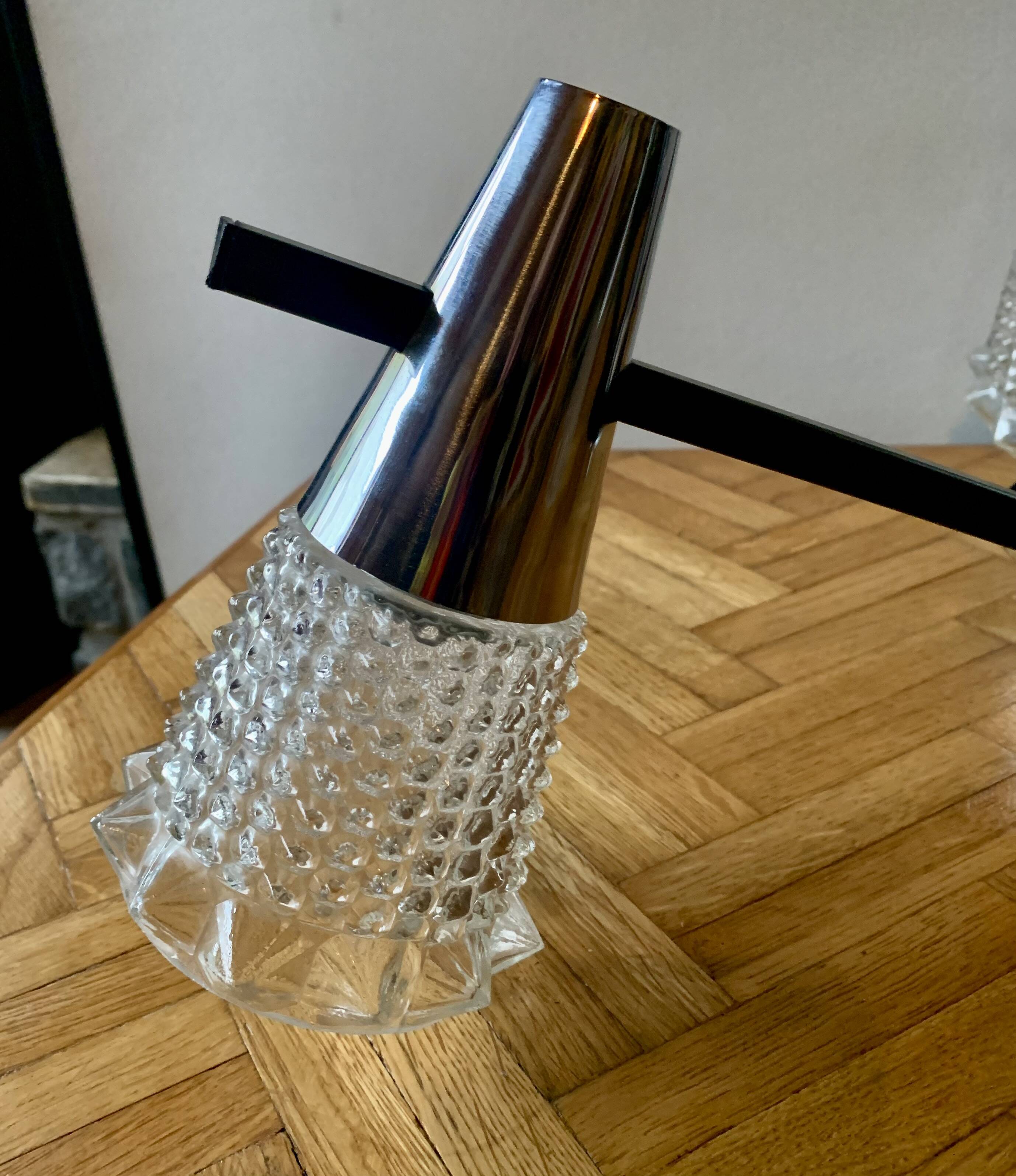 Vintage chandelier in chrome metal, steel and molded glass -3 branches