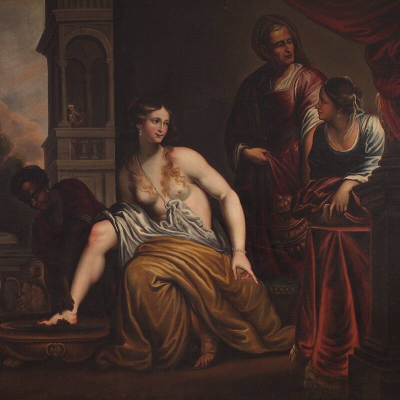 Monumental 18th century Italian painting, Bathsheba at her bath