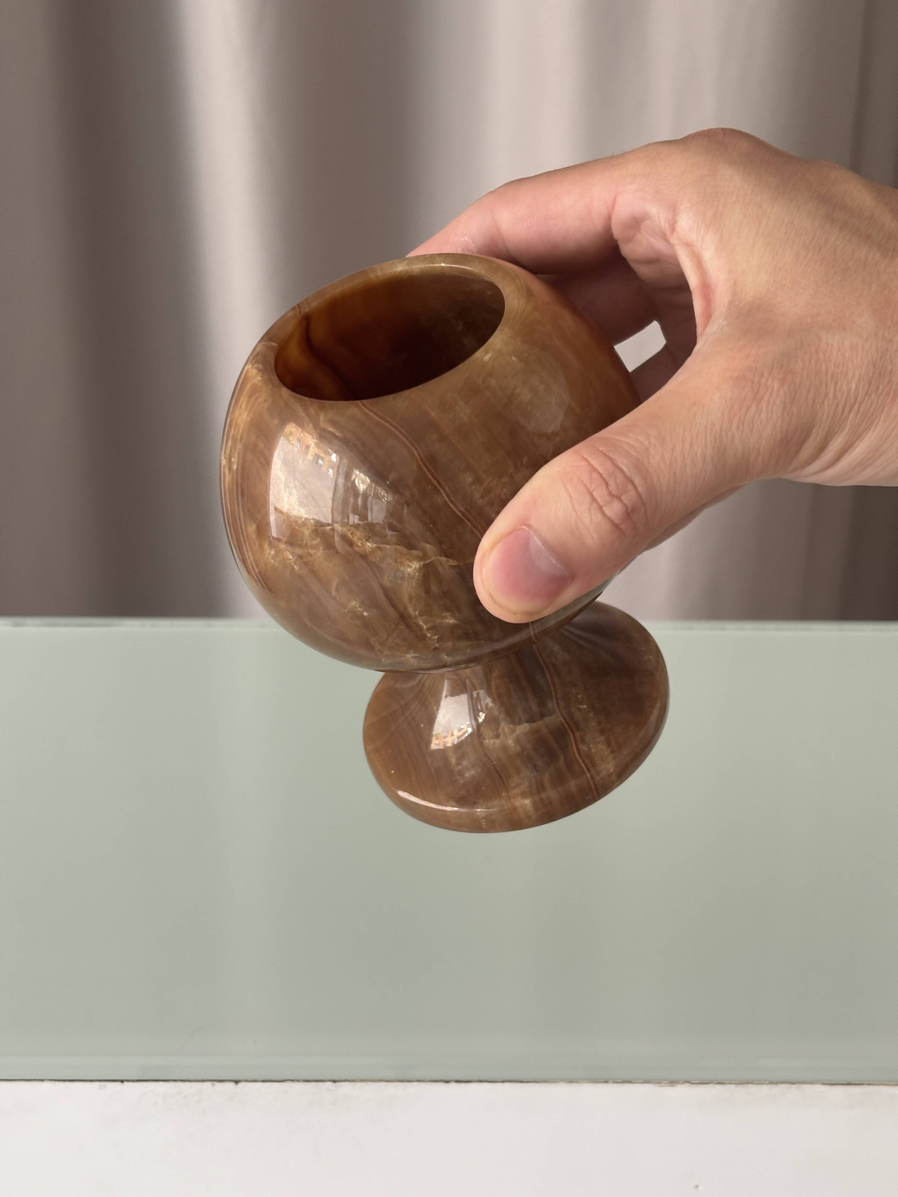 Vintage Hand-Carved Brown Onyx Pedestal Vessel