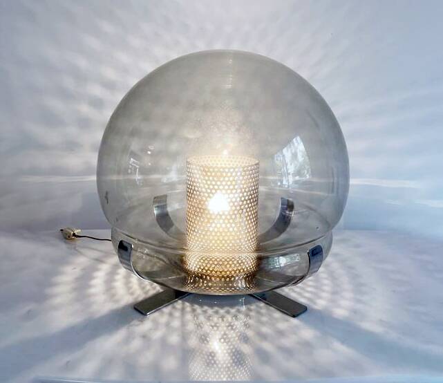 Vintage Lamp • Chrome Steel • Perforated Metal • Glass • 1970