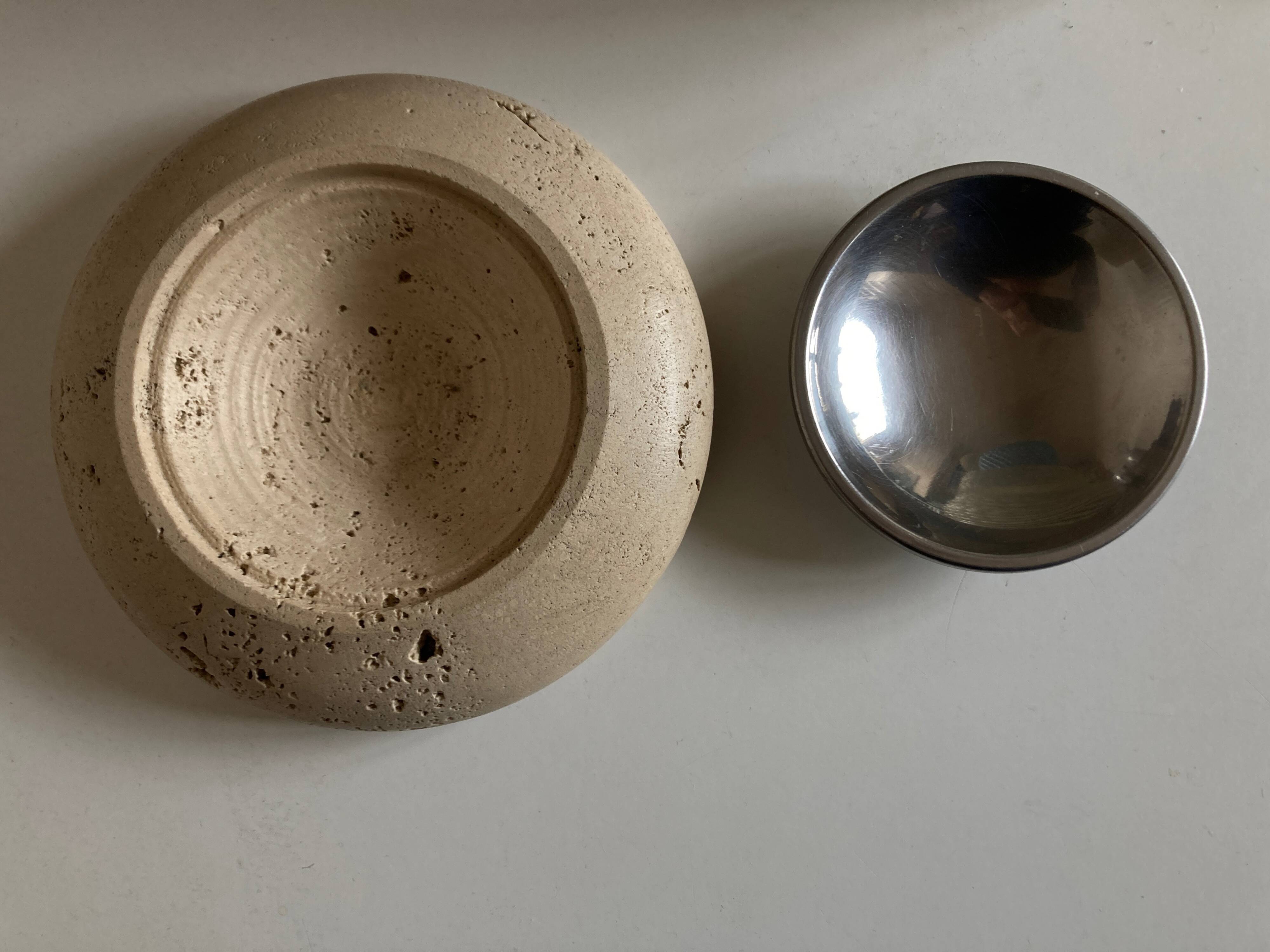 Travertine and steel valet tray, space age 1960s, Italian work