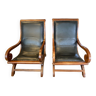 Paire de fauteuils colonial planteur en teck et cuir noir années 80 roche bobois