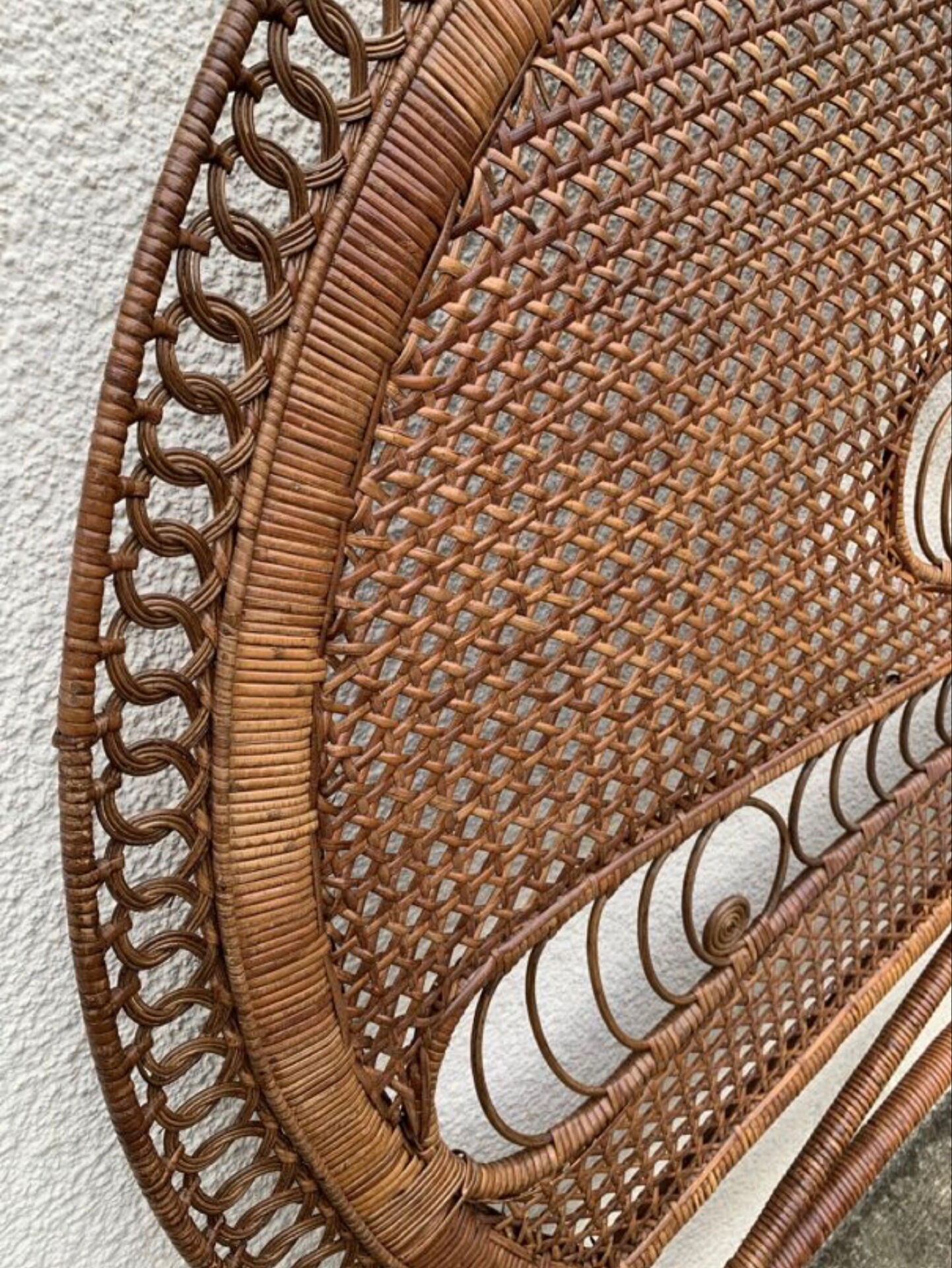 Large vintage headboard in woven rattan fan / Peacock 180cm