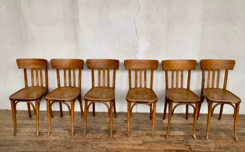 Series of 6 old light wood bistro chairs