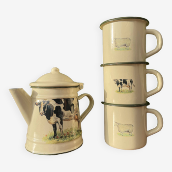 Cafetière émaillée et mugs